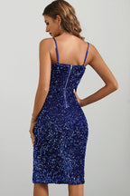 Sweetheart Spaghetti Strap Sequin Side Slit Bodycon Midi Dress