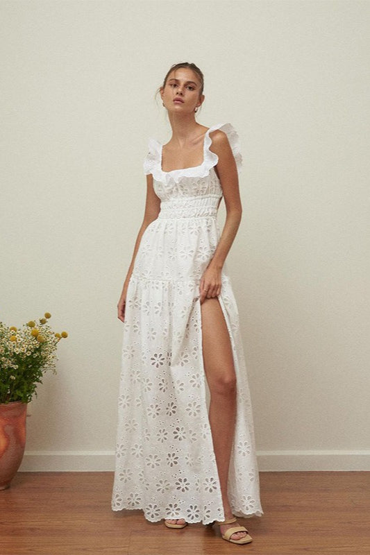 Eyelet Floral Lace Ruffled Square Neck Smocked Waist Tiered High Split Maxi Dress