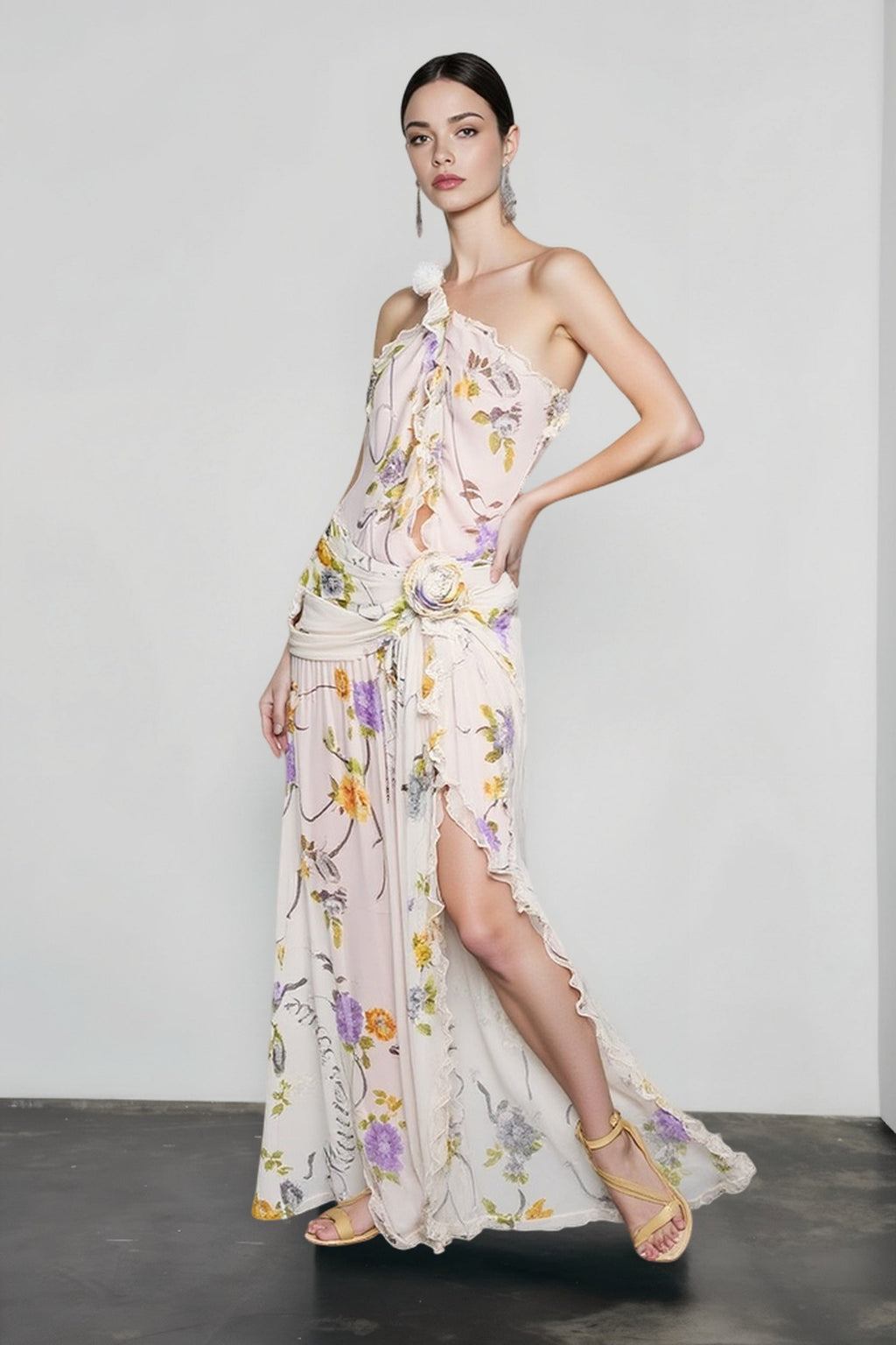 One Shoulder Floral Print Draped Rosette Waist Ruffle Slit Maxi Dress