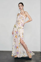 One Shoulder Floral Print Draped Rosette Waist Ruffle Slit Maxi Dress