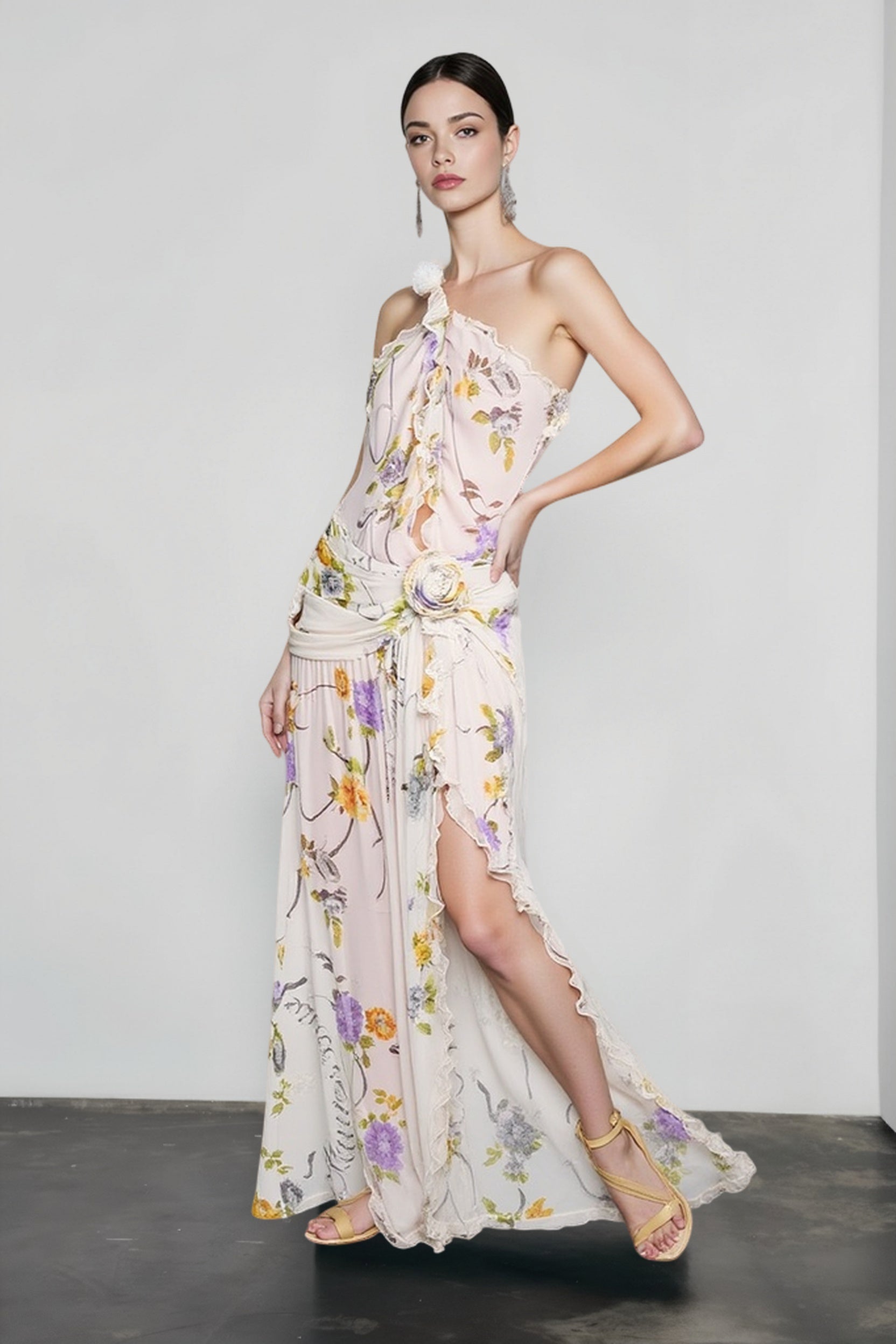 One Shoulder Floral Print Draped Rosette Waist Ruffle Slit Maxi Dress