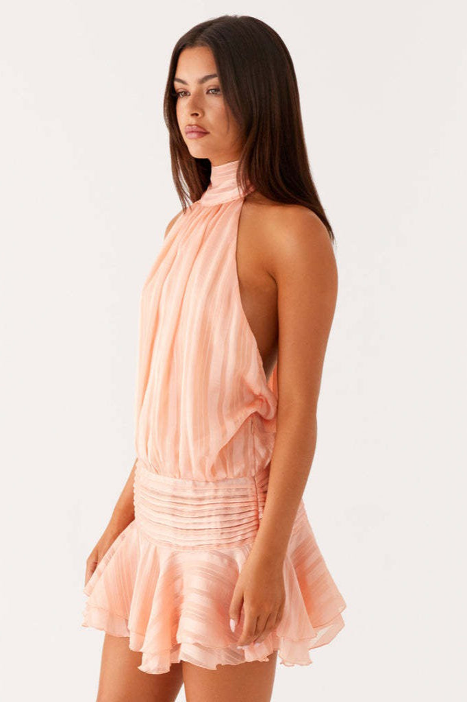 Halter Neck Pleated Collar Drop Waist Ruffle Flounce Mini Dress