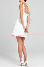 Cindy Faux Pearl Flower Applique Square Neck Pocketed Mini Dress