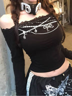 One Shoulder Lace Print Long Sleeve Tee