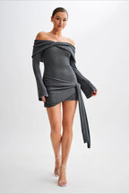 Off Shoulder Ribbed Knit Flared Sleeve Wrap Tie Mini Dress