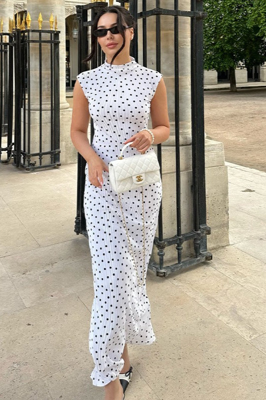 Polka Dot Mock Neck Sleeveless Bodycon Maxi Dress