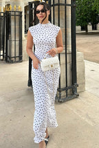 White Polka Dot Round Neck Maxi Dress