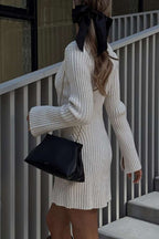 Rib Knit Mock Neck Long Sleeve Belted Bodycon Mini Dress