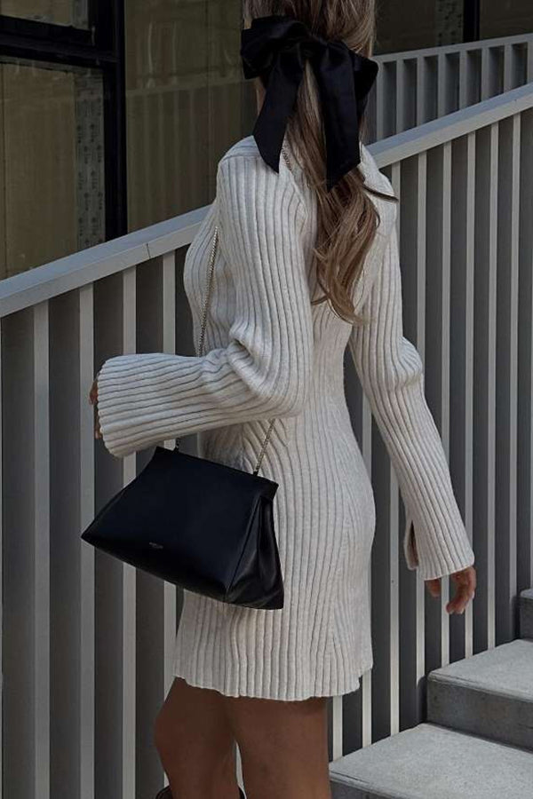 Rib Knit Mock Neck Long Sleeve Belted Bodycon Mini Dress