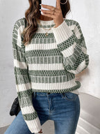 Women Pullover Sweater Hunter Green Two-Tone Jewel Neck Long Sleeves Layered Acrylic Sweaters