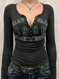 Number Letter Print Breasted Slim Long Sleeve Tee