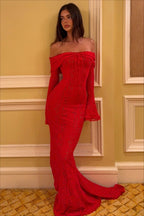 Lace Off Shoulder Ruffle Trim Long Bell Sleeve Vertical Panel Mermaid Maxi Dress