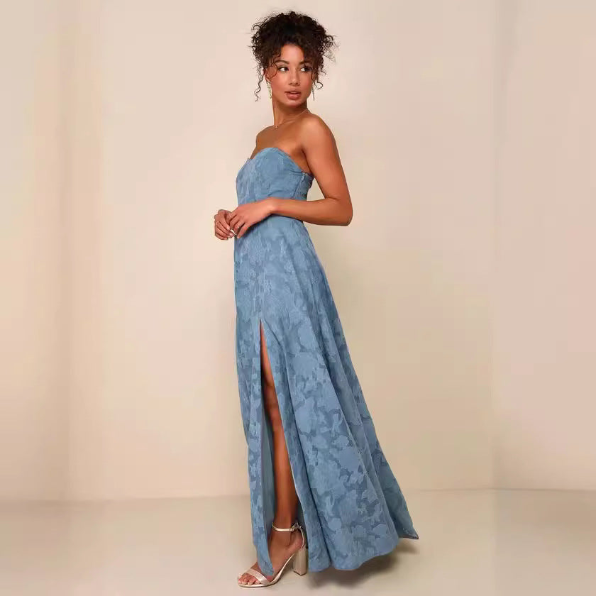 Embroidered Strapless Dress with Front Slit