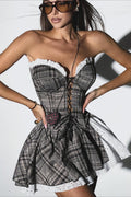 Plaid Ruffled Strapless Tie Mini Dress