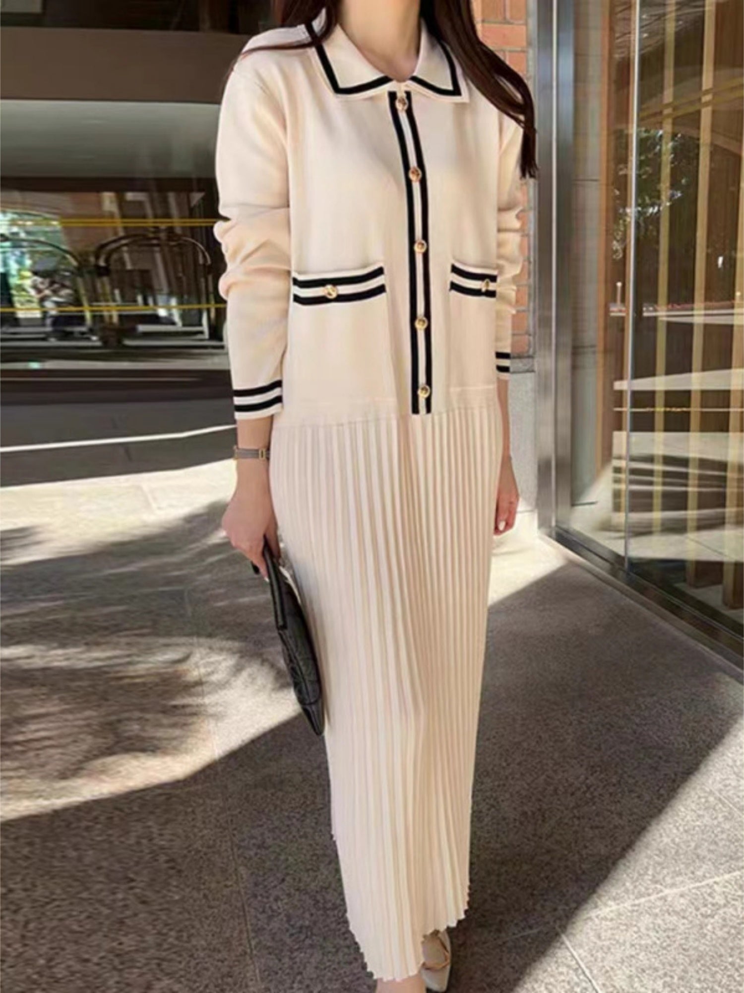 Lapel Contrasting Trim Elegant Chanel Style Pleated Loose Long Knitted Dress