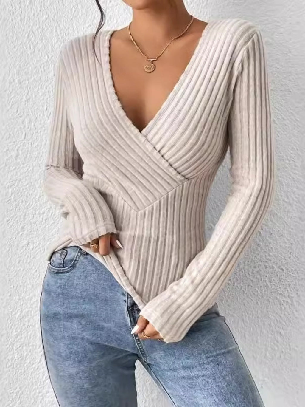 V-neck Crossover Long-sleeved Brushed Ribbed Sweater