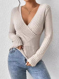V-neck Crossover Long-sleeved Brushed Ribbed Sweater