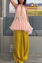 Cheongsam Style Lace Stand Neck Knots Button Ruffle Flare Hem Top