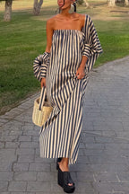 Berry Satin-Striped Detachable Balloon Sleeve Jacket Strapless Maxi Dress