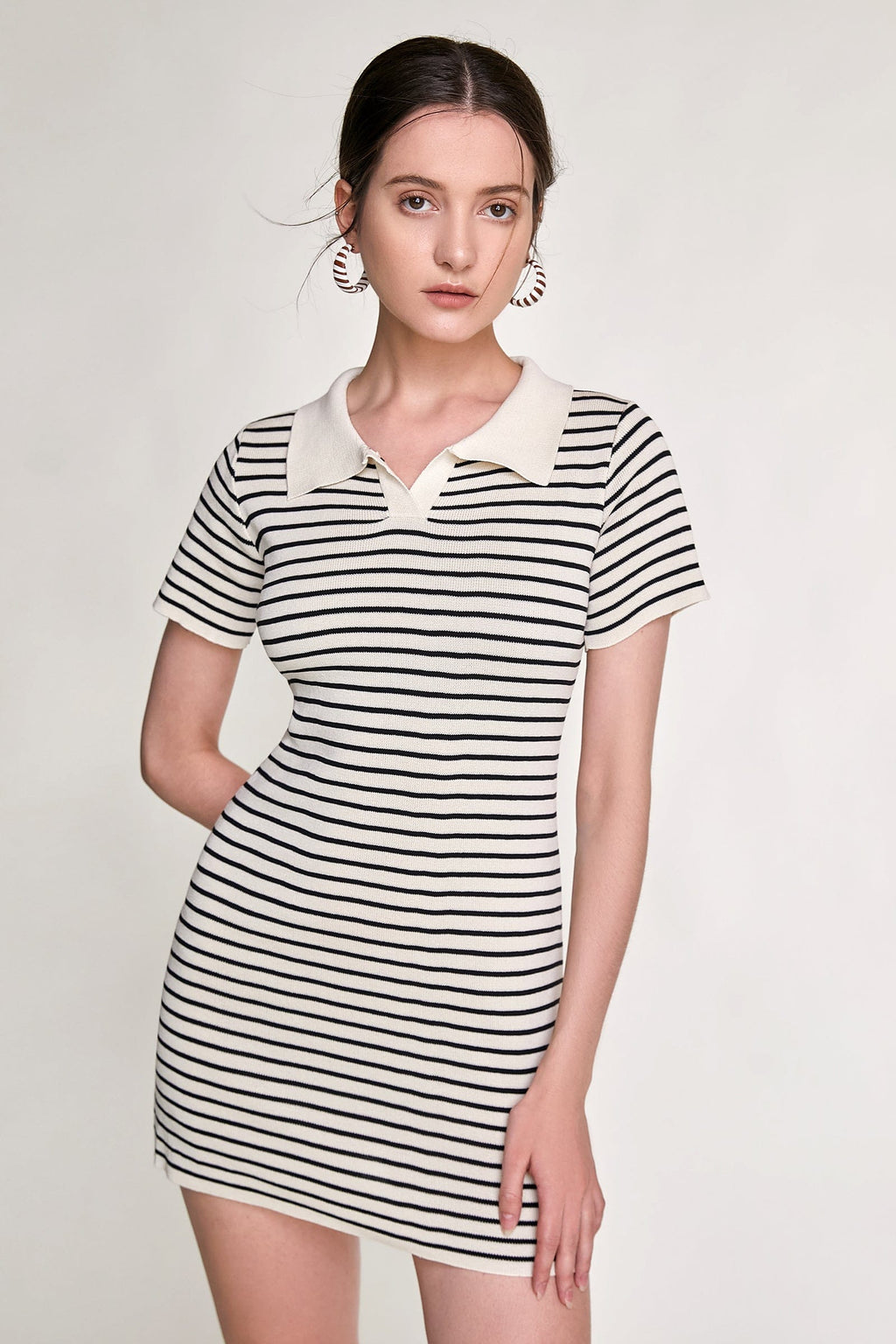 Striped Rib Knit Polo Collar Bodycon Mini Dress
