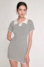 Striped Rib Knit Polo Collar Bodycon Mini Dress