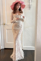 Lace Long Sleeve Ruched Mermaid Maxi Gown