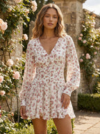 Pink Floral Print V-Neck Long Sleeve Mini Dress For Summer 2026