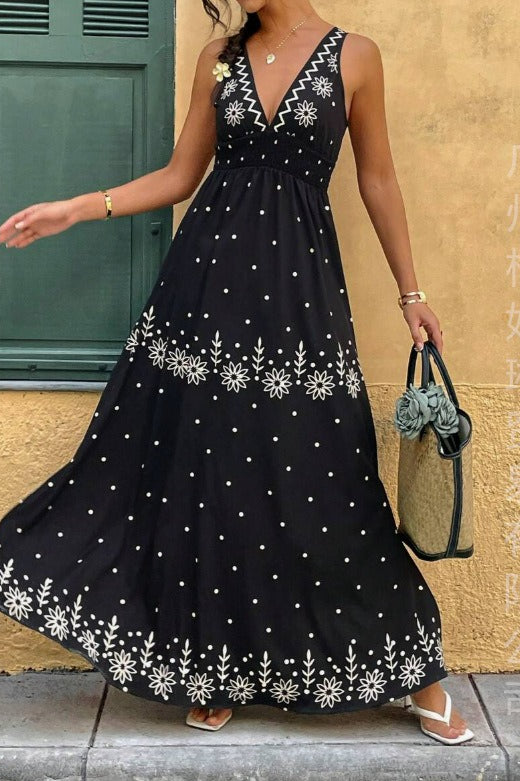 Smocked V-Neck Boho Print Flowy Maxi Summer Dress
