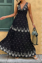 Smocked V-Neck Boho Print Flowy Maxi Summer Dress