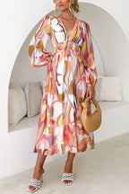 Abstract Watercolor Print Deep V-Neck Lantern Sleeve Smocked Waist Midi Dress