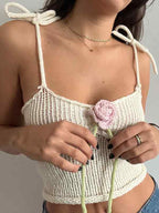 Flower Decor Backless Tie Up Crochet Cami Top