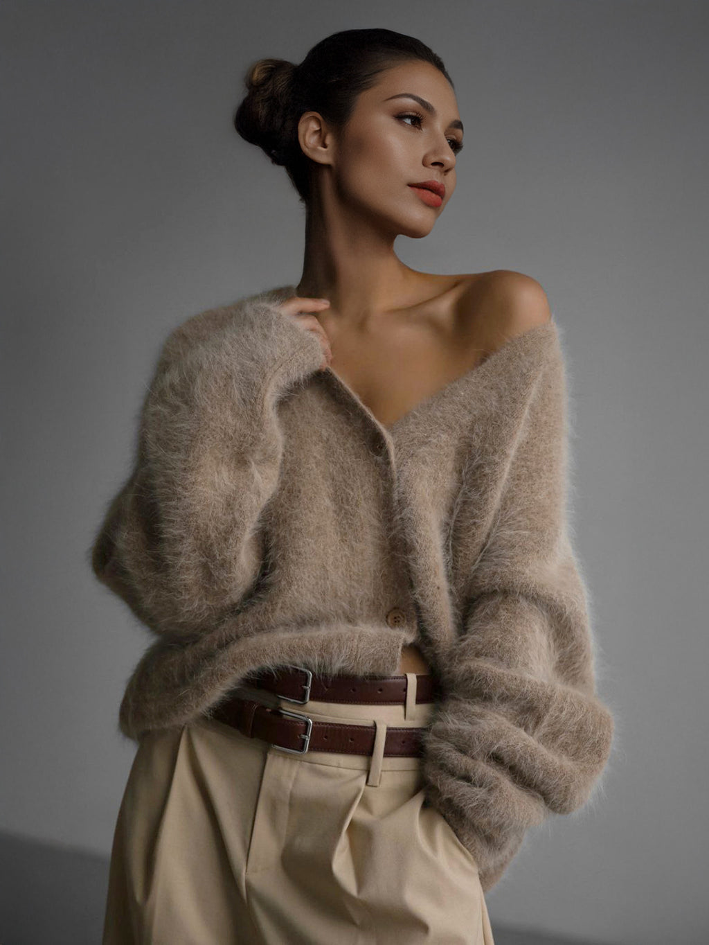 Faux Fur Cardigan khaki Long Sleeves V-Neck Oversized Spring Cozy Outerwear For Women 2026