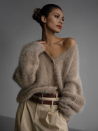 Faux Fur Cardigan khaki Long Sleeves V-Neck Oversized Spring Cozy Outerwear For Women 2026