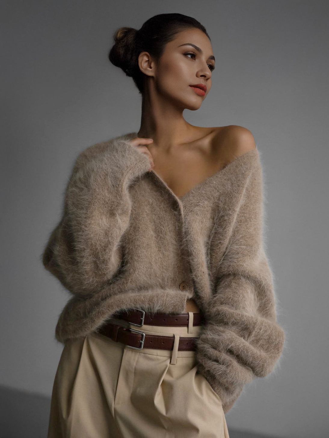 Faux Fur Cardigan khaki Long Sleeves V-Neck Oversized Spring Cozy Outerwear For Women 2026