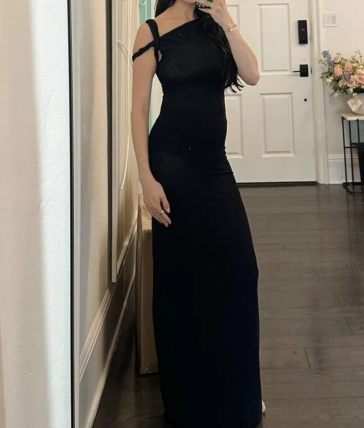 Asymmetric Multi-Strap Cold Shoulder Bodycon Maxi Dress
