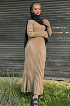 Ribbed Knit Crew Neck Long Sleeve Ruffle Cuff Maxi Dress