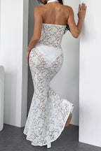 Halter Deep V Lace Cutout Oval Midriff Bodycon Maxi Dress