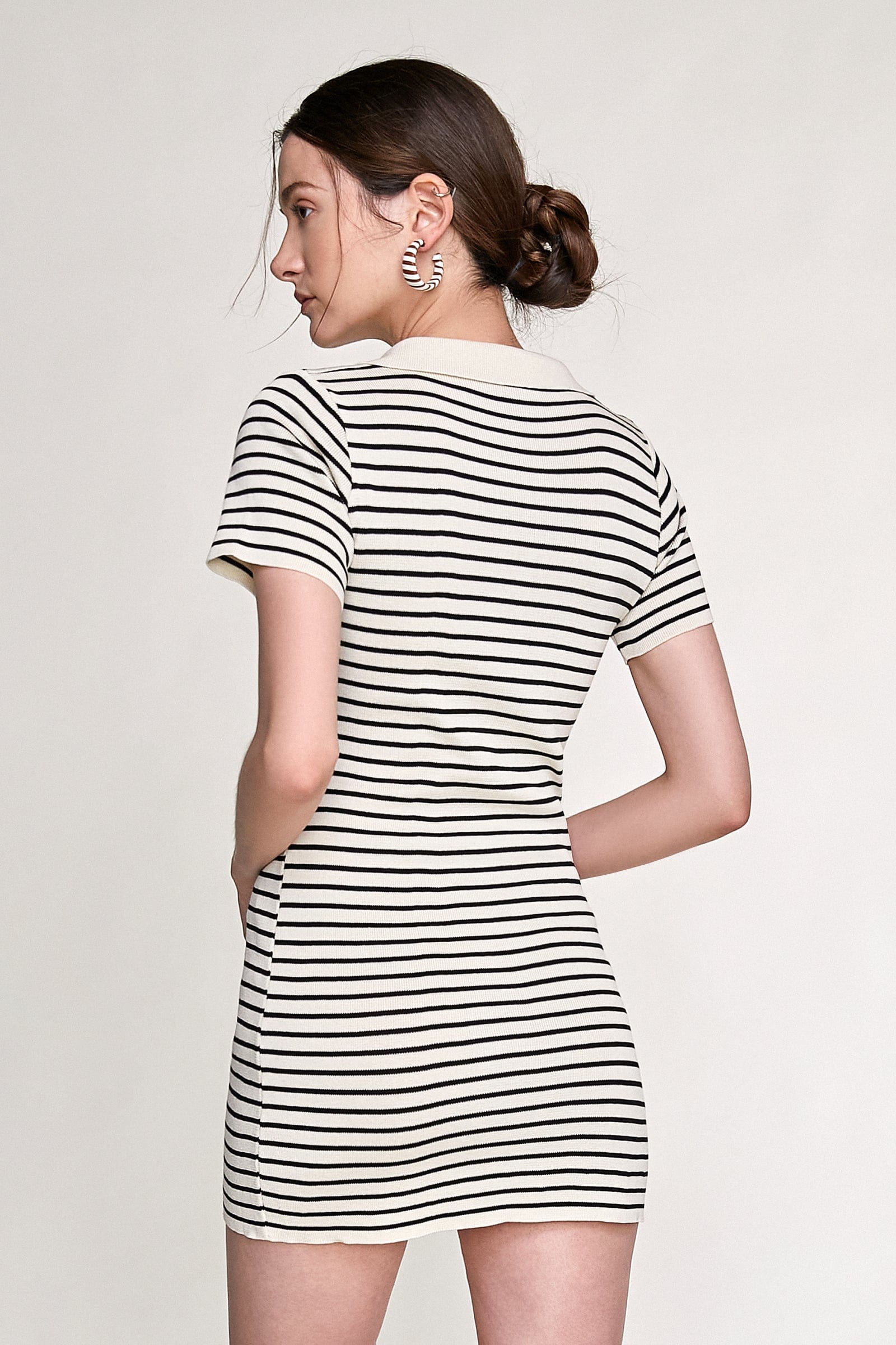 Striped Rib Knit Polo Collar Bodycon Mini Dress