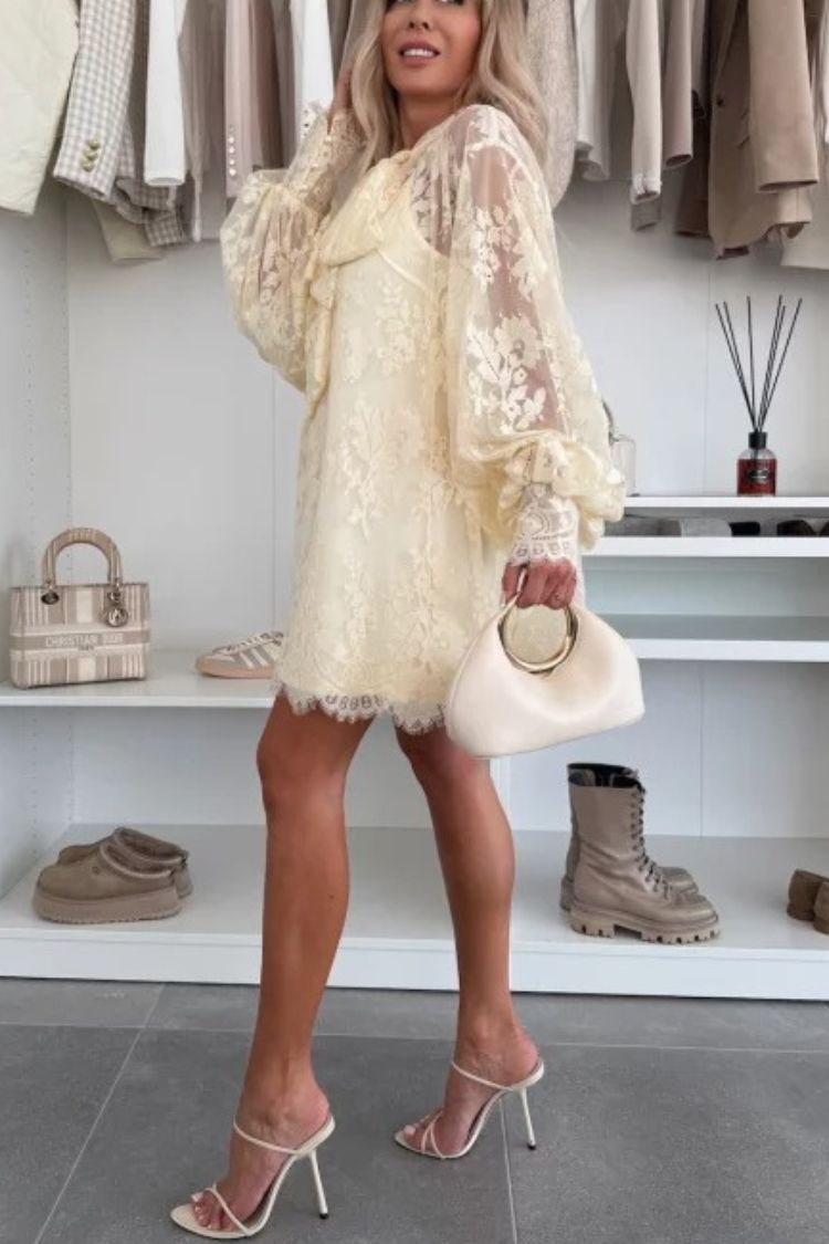 Iliana Effortless Night Rose a Line Mini Dress with Lace Bow and Long Balloon Sleeves Designer Edit