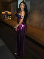 Metallic Ruched Strapless Asymmetric Train Mini Dress