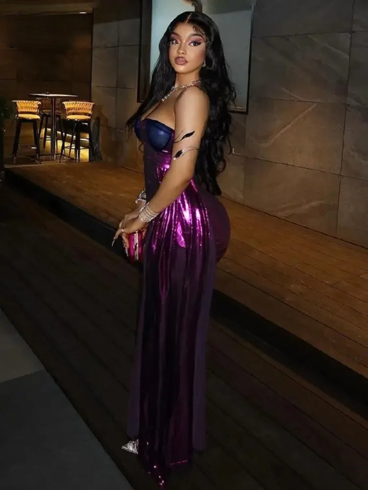 Metallic Ruched Strapless Asymmetric Train Mini Dress