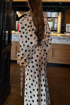 Chrissa Satin Polka Dot Print Lace Trim High Rise Flare Drape Maxi Skirt