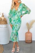 Deep V-Neck Smocked Floral Print Balloon Sleeve Ruffle Hem Mermaid Midi Dress