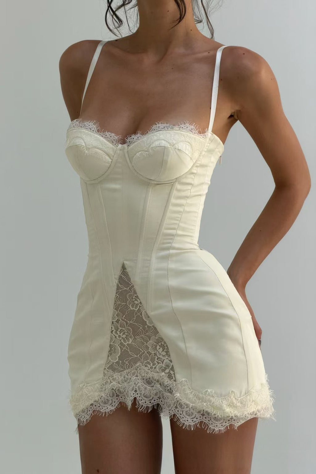 Beige Sweetheart Lace Trim Spaghetti Strap Satin Lace Panel Mini Dress