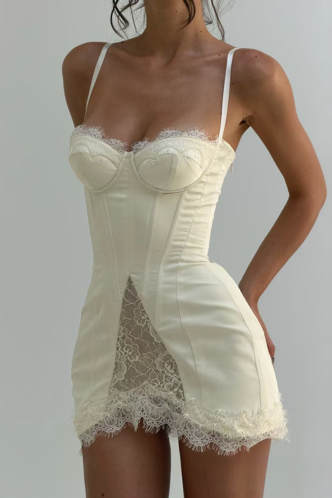 Beige Sweetheart Lace Trim Spaghetti Strap Satin Lace Panel Mini Dress