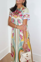 Jazlynn Satin Colorful Baroque Style Printed Short Sleeve Feather Trim Maxi Dress