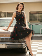 Embroidered Dress Round Neck Sleeveless Lace Up Retro Glamour Dresses