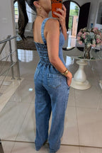 Heidi Denim Square Neck Button Back Smocked Pocket Flare Stretch Jumpsuit