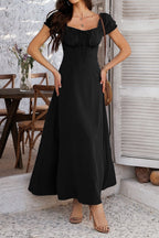 Off Shoulder Puff Sleeve Tie Front Corset Bodice A Line Midi Dress