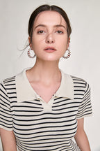 Striped Rib Knit Polo Collar Bodycon Mini Dress